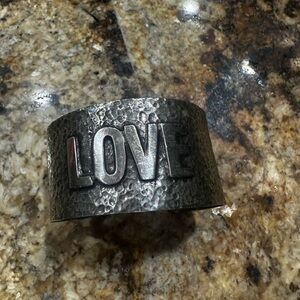 LOVE Hammered Metal Cuff Bracelet - Silver Tone